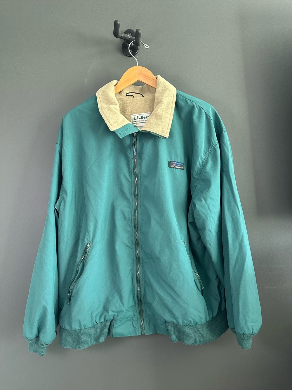 L.L. Bean Teal Bomber Jacket with Cream Corduroy Collar